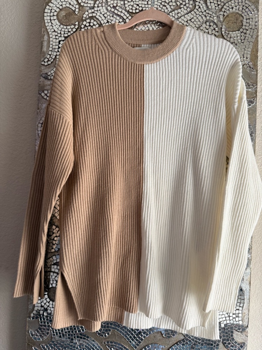 Abercrombie & Fitch Two-Tone Ribbed Crewneck Sweater in Camel and Cream